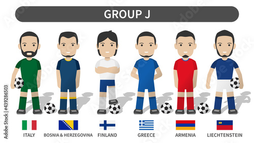 European soccer cup tournament qualifying draws 2020 and 2021 . Group J . Football player with jersey kit uniform and national flag . Cartoon character flat design . White theme background . Vector .