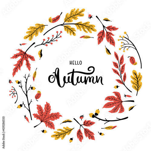 Round border with autumn leaves and hand-drawn lettering - Hello Autumn. Red and yellow fall background. Vector illustration isolated on white background.