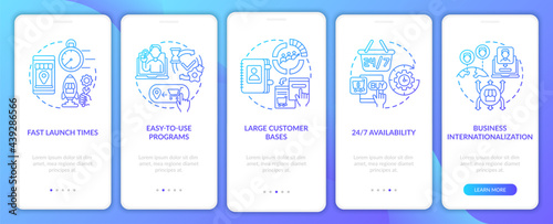 Online retailing advantages onboarding mobile app page screen. Internationalization walkthrough 5 steps graphic instructions with concepts. UI, UX, GUI vector template with linear color illustrations