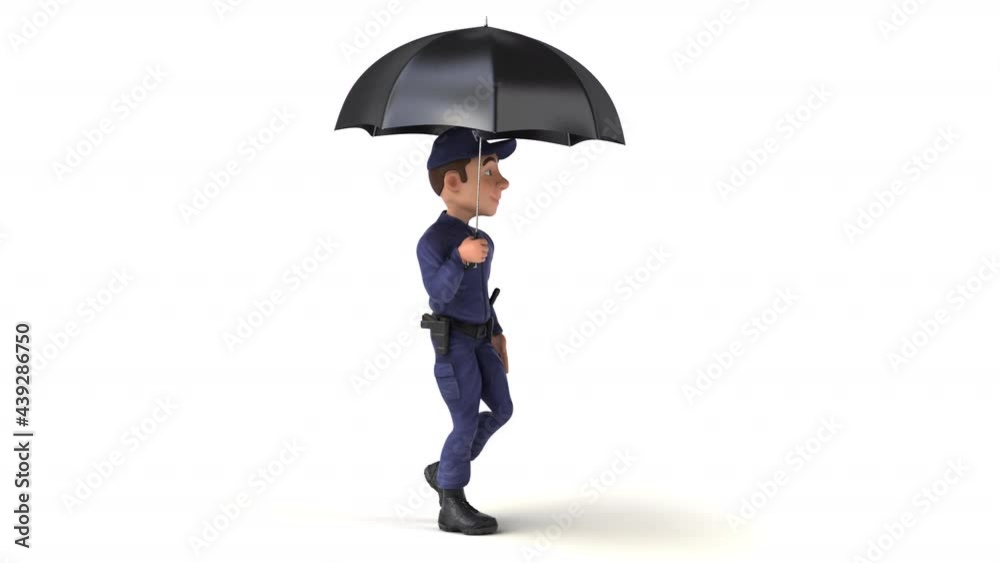 Fun 3D cartoon police man walking with an umbrella Fun 3D cartoon police man walking with an umbrella