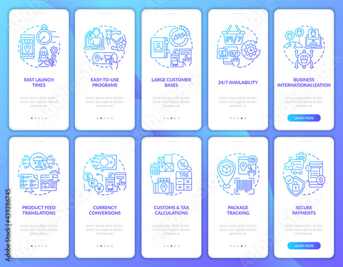 E-marketplace onboarding mobile app page screens set. Selling goods online walkthrough 5 steps graphic instructions with concepts. UI, UX, GUI vector template with linear color illustrations