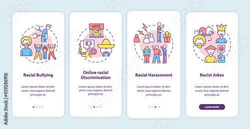 Racism in social situations onboarding mobile app page screen. Racial bullying walkthrough 4 steps graphic instructions with concepts. UI, UX, GUI vector template with linear color illustrations