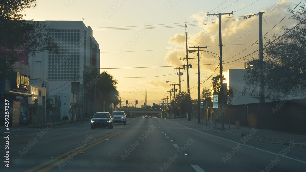 Street of Miami, South Florida, USA during sunset hour. 