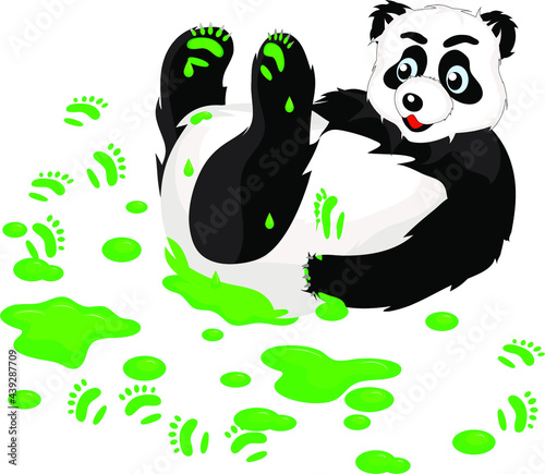 panda lies on his back with his paws smeared in green paint, a series of funny pandas, panda spilled paint and left blots and paws on the floor 