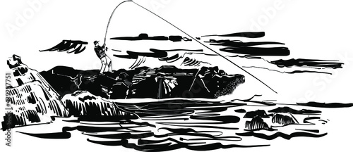 vector illustration the fisherman on the rocks 