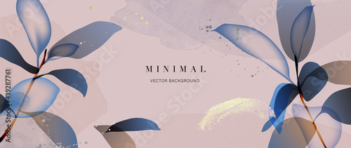 Minimal floral background vector. Abstract art wallpaper design with tropical leaves and watercolor background texture. Botanical banner design template for text. 