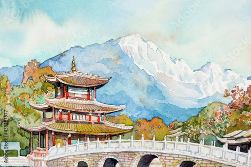 Watercolor paintings landmark in China. photo