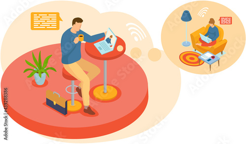 Video conferencing concept. Man drinks coffee in cafe or office and communicates via video connection with friend using app on laptop. Woman freelancer works remotely sitting at home in armchair