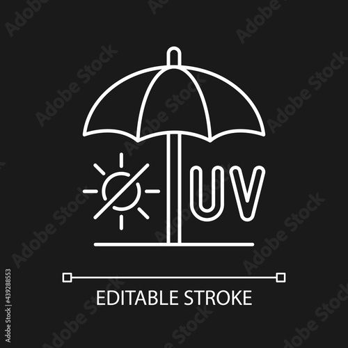Seek shade white linear icon for dark theme. Hide under umbrella while on beach during summer. Thin line customizable illustration. Isolated vector contour symbol for night mode. Editable stroke