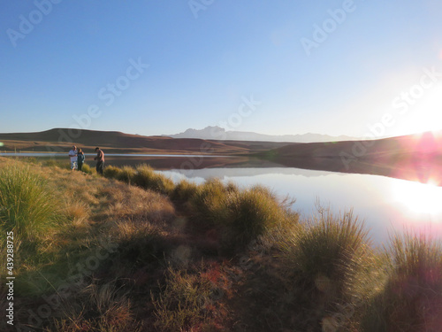 Kamberg, Berg, Drakensberg, KwaZulu Natal, South Africa, berg lake and mountains, Dondini with hikers (ID: 439288725)