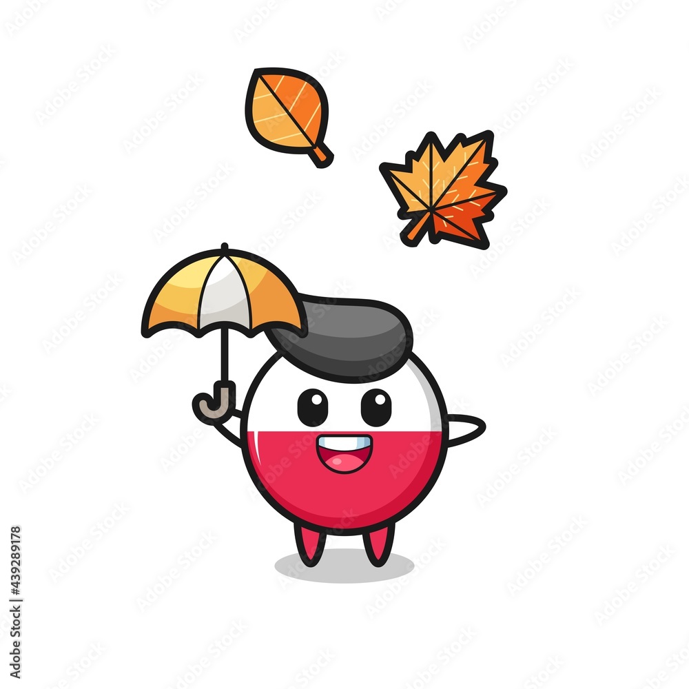 cartoon of the cute poland flag badge holding an umbrella in autumn cartoon of the cute poland flag badge holding an umbrella in autumn