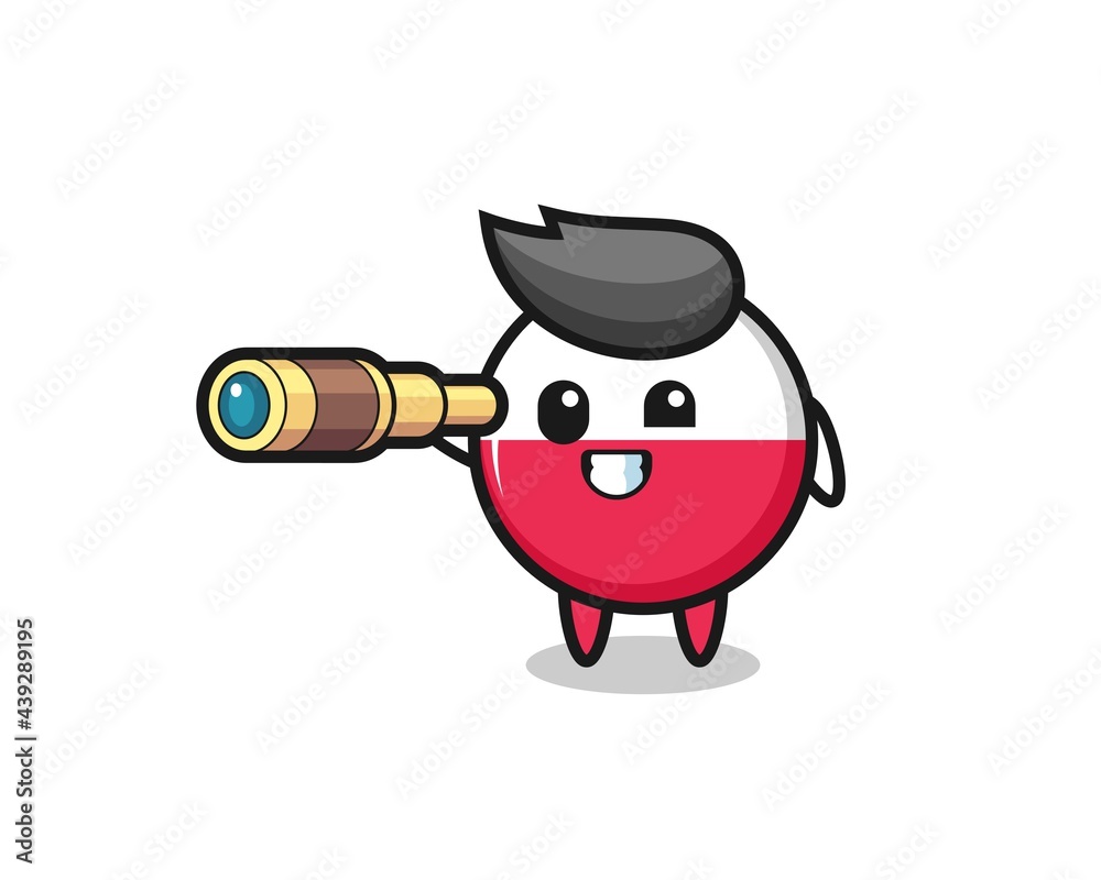 cute poland flag badge character is holding an old telescope