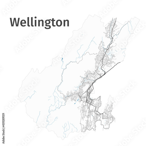 Wellington map. Detailed map of Wellington city administrative area. Cityscape panorama.