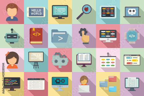 Programming for children icons set, flat style
