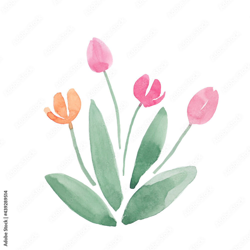 Obraz premium Simple tulips set, abstract watercolor free-hand illustration for postcard, invitation, banner