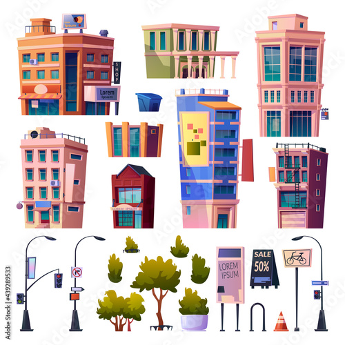 Megapolis streets and buildings elements, isolated apartments and residential houses. Road signs and lanterns, trees and traffic cones. Infrastructure and cityscape. Cartoon vector in flat style