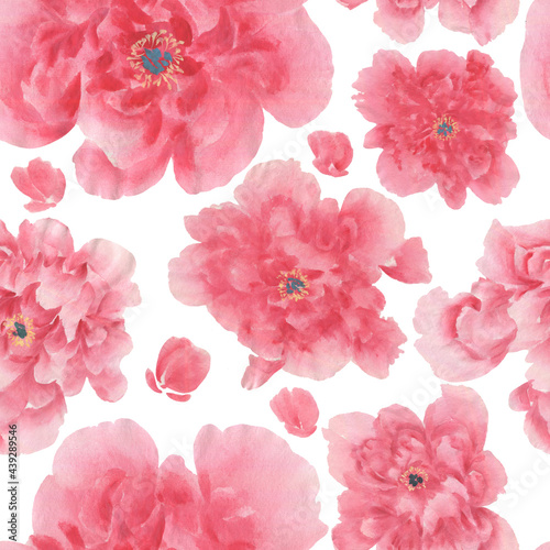 Seamless floral pattern with peonies.  Watercolor illustration  for creating fabrics, textile, decoupage, wallpapers, print, gift wrapping paper, invitations, textile. Isolated on white background.