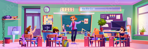 Classroom teacher and kids at lesson, woman explaining abc to kids sitting by desks. Academic education and studying, development and improvement of skills. Cartoon character, vector in flat style