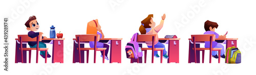 Children sitting by desks want to answer question at lesson. Isolated pupils at school raising hands, excited clever students by table. Knowledge and education. Cartoon character, vector in flat style