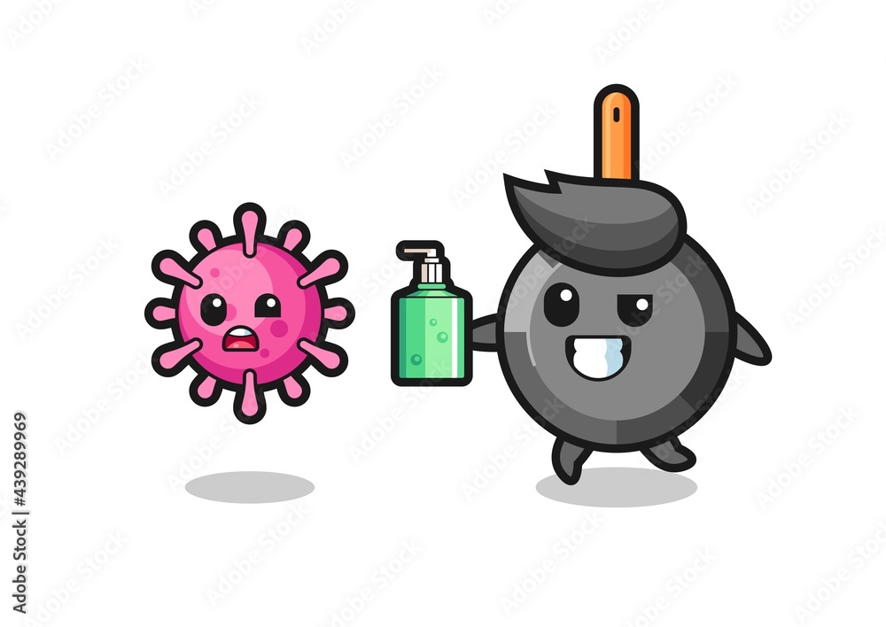 illustration of frying pan character chasing evil virus with hand sanitizer