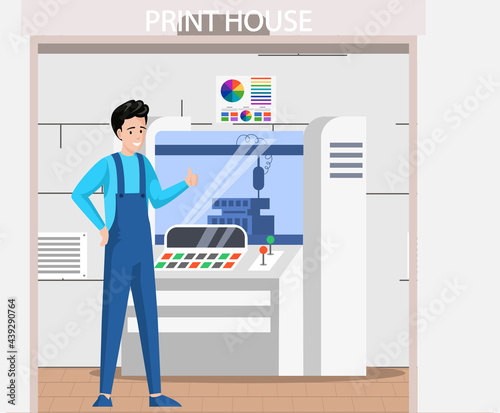 Professional equipment for print house. Male worker printing on machine shows thumbs up. Polygraphy production service in printshop or typography. Employee working with equipment shows like gesture