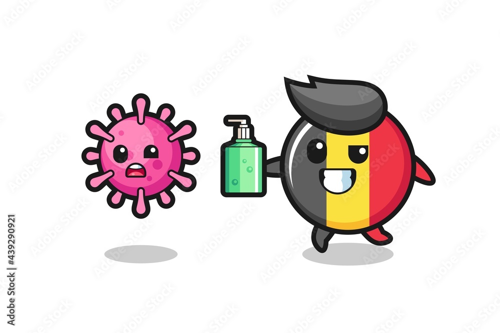 illustration of belgium flag badge character chasing evil virus with hand sanitizer