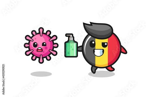 illustration of belgium flag badge character chasing evil virus with hand sanitizer © heriyusuf