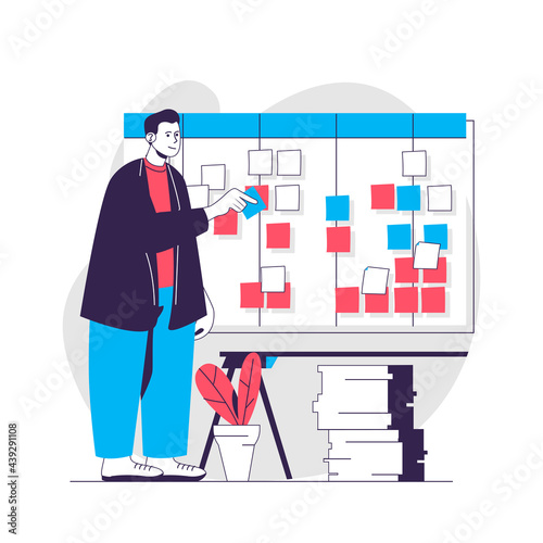 Business planning web concept. Man doing work tasks  stickers on board. Time management people scene. Flat characters design for website. Vector illustration for social media promotional materials