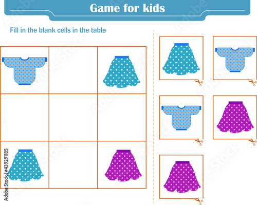   Logic game for children. Fill in the blank cells in the table so that in each row and column the element appears only once