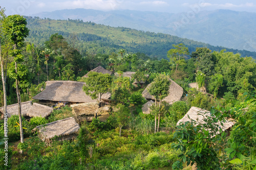 Beautiful landscape view of typical Naga Konyak tribe village in the mountains of Mon district, Nagaland, India