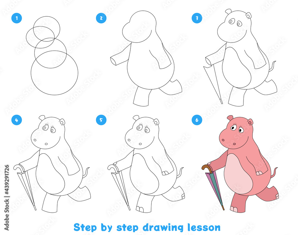 Children's game to develop drawing skills for preschool children. Create an illustration step by step. Printed sheet for a children's school notebook. Hippopotamus. Children's game to develop drawing skills for preschool children. Create an illustration step by step. Printed sheet for a children's school notebook. Hippopotamus.