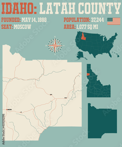 Large and detailed map of Latah county in Idaho, USA.