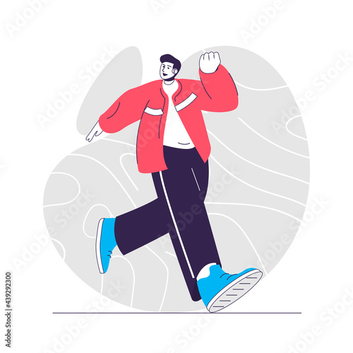 Gladness emotion web concept. Happy man running and smiling. Expressing positive feelings people scene. Flat characters design for website. Vector illustration for social media promotional materials
