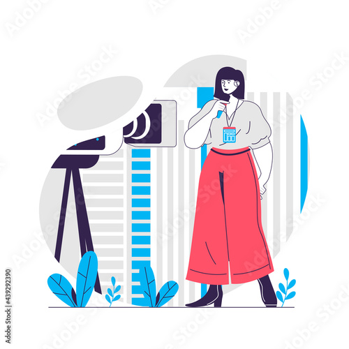 Journalism web concept. Host of TV show talks into microphone on set of program. Mass media people scene. Flat characters design for website. Vector illustration for social media promotional materials