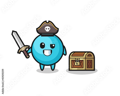the blueberry pirate character holding sword beside a treasure box