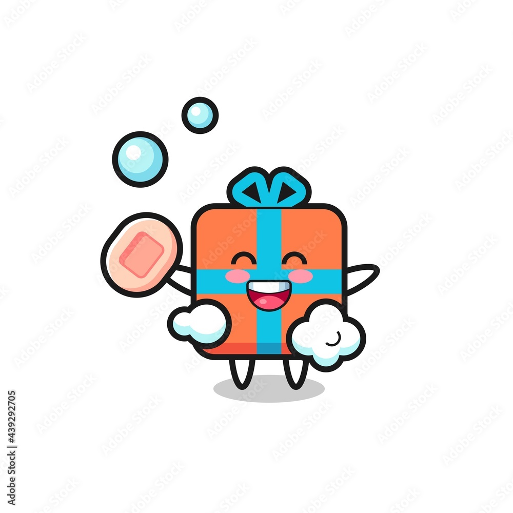 gift box character is bathing while holding soap