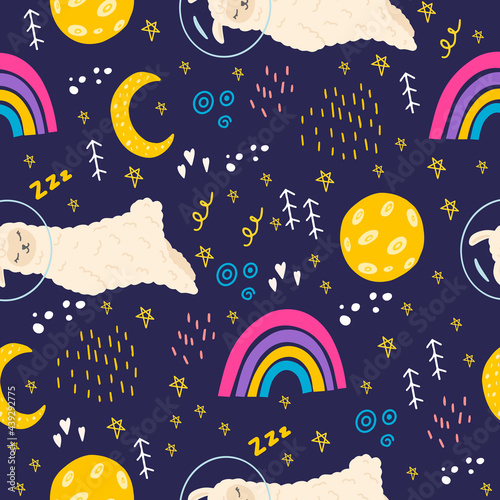Seamless pattern with lama, rainbow, moon, stars, space. Cute llama in a space suit in space. A pattern with a sleeping animal for decorating clothes,fabrics,children's rooms. Flat doodle style.
