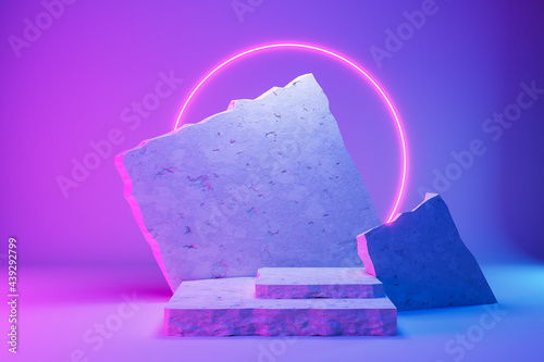 Stone podium, pedestal or platform, Neon Led background Blank product stand, 3d rendering.