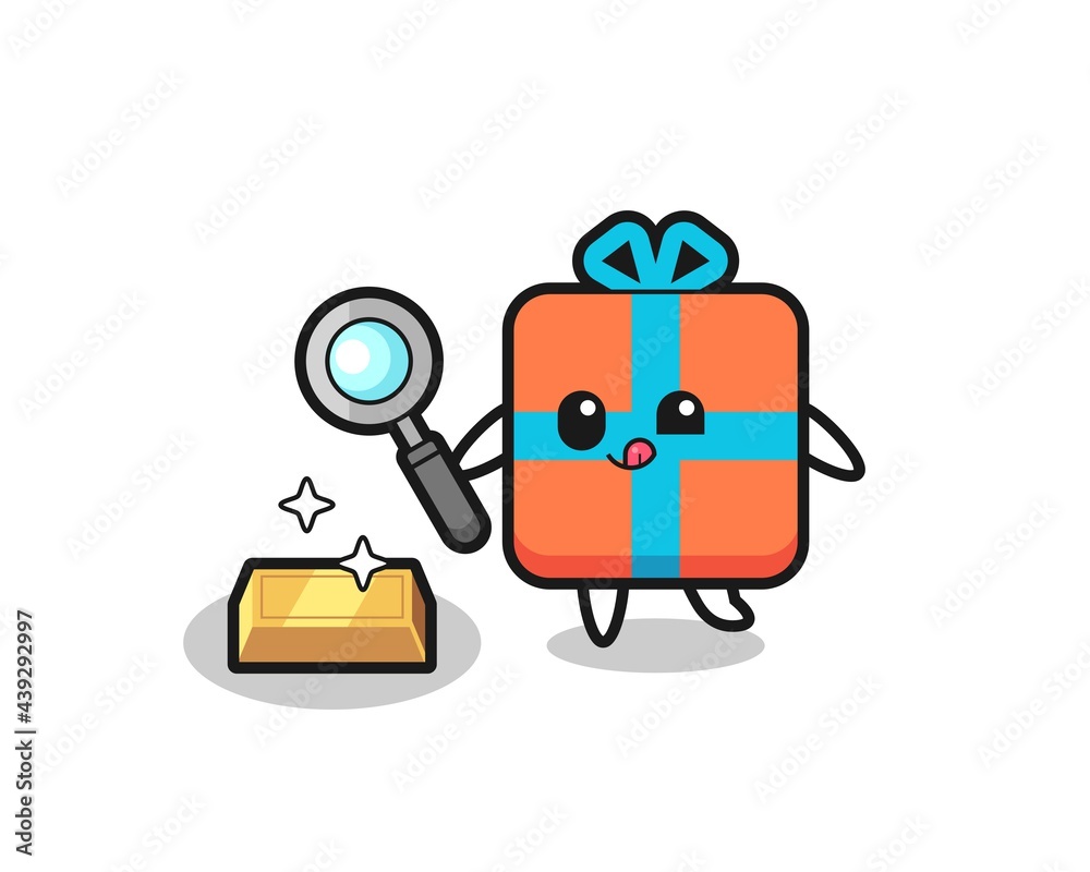 gift box character is checking the authenticity of the gold bullion