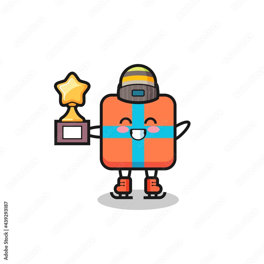gift box cartoon as an ice skating player hold winner trophy gift box cartoon as an ice skating player hold winner trophy