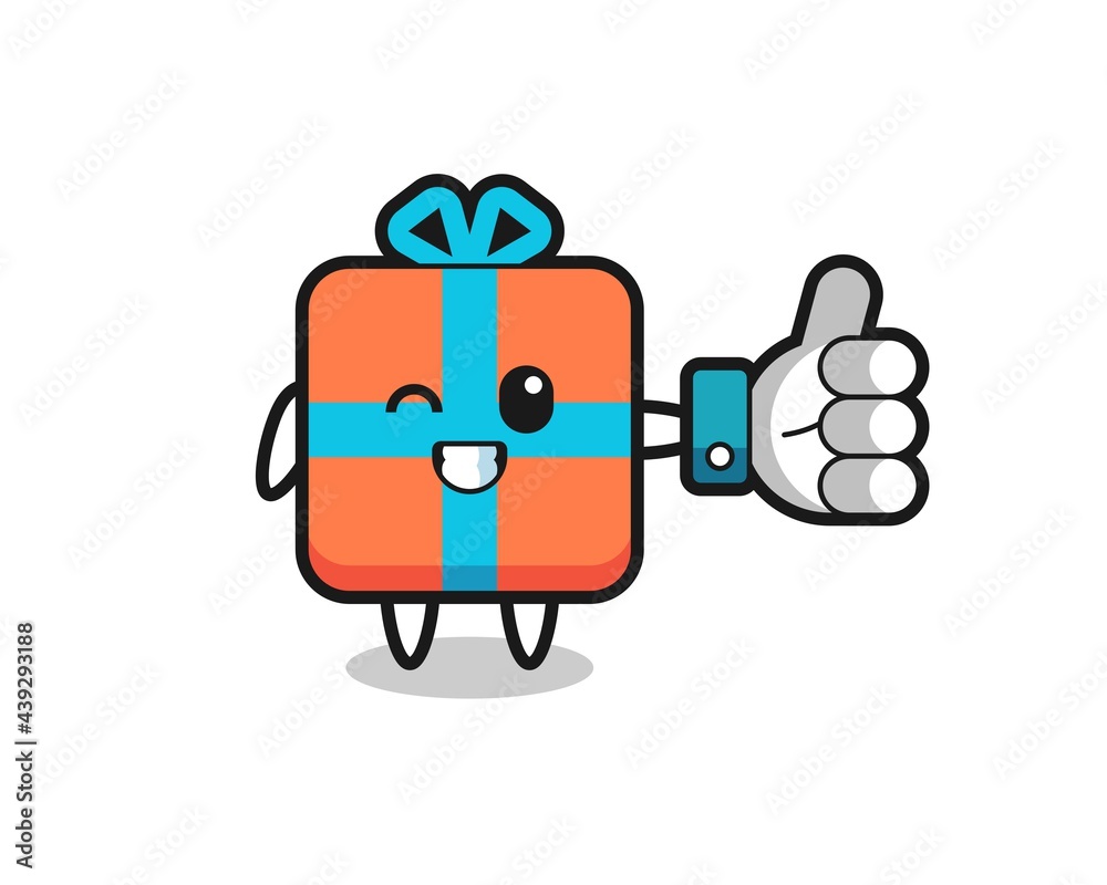 Obraz premium cute gift box with social media thumbs up symbol