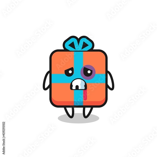 injured gift box character with a bruised face