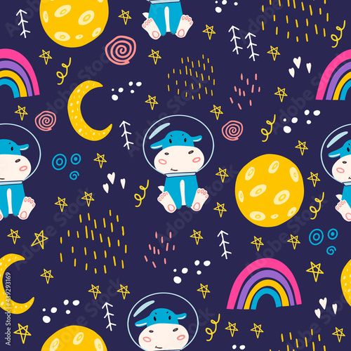 Seamless pattern with hippo, moon, stars, space, rainbow. Cute  hippopotamus in a space suit in space. Vector pattern with an animal for decorating clothes, children's rooms. Flat doodle style