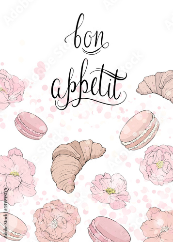 Bon appetit poster with croissants and macaroons