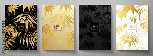 Tropical cover design set with golden leaf (tree branch) print on background. Holiday black and gold exotic pattern for vector wedding card, luxury menu template, summer holiday poster
