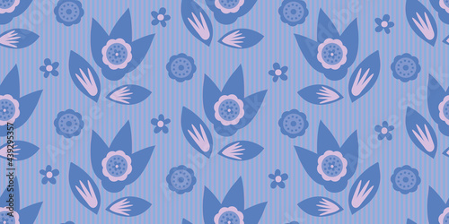 Modern wild flower graphic vector seamless border background. Banner with abstract groups of flowers leaves on striped backdrop in pastel blue pink. For baby products, header, ribbon, edging, trim
