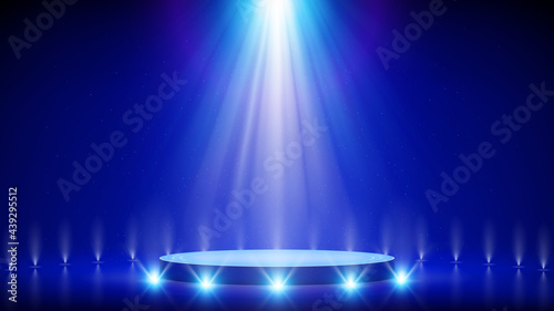 Spotlight backdrop. Illuminated blue stage podium. Background for displaying products. Bright beams of spotlights, shimmering glittering particles, a spot of light. Vector illustration