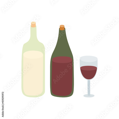 Illustrated white and red wine bottles with a glass. Flat colorful drawings, simple and cute. Vector isolated on white background.