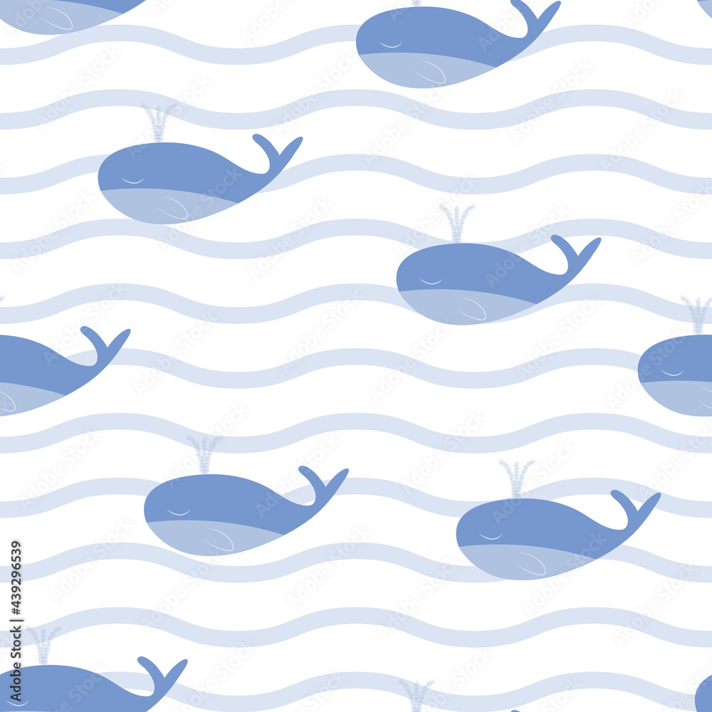 Fototapeta premium Blue Whales and waves seamless pattern