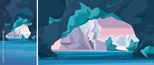 Arctic landscape with ice cave. Natural scenery in vertical and horizontal orientation.